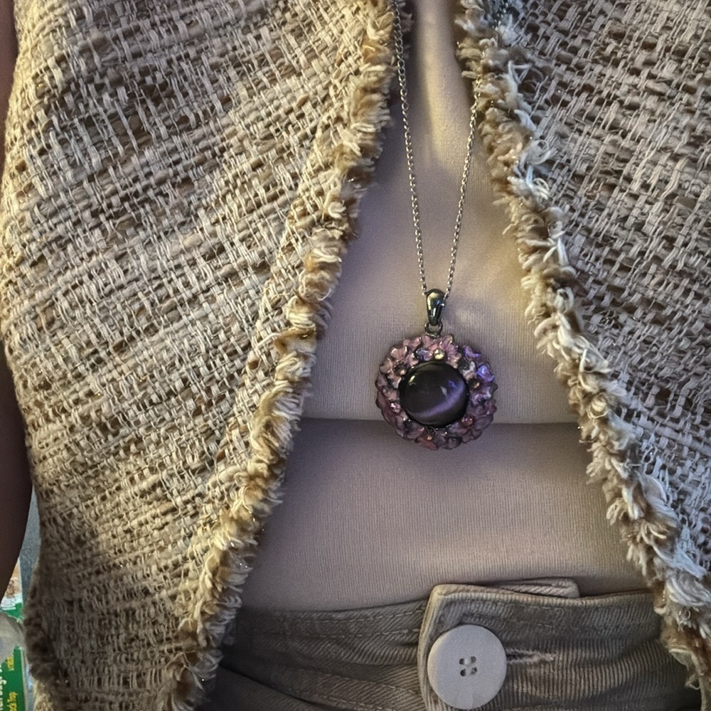Long silver chain with purple mauve silver stone pendant flower shape